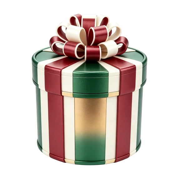 Christmas Decorative Storage Box, Round Ribbon Bow Gift Container for Holiday Parties, Red Green White Striped Metal Treat Box for Holiday Gifting and Decor