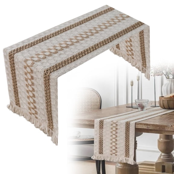 Christmas Decorative Table Banner,11 X 55 Inch Farmhouse Style Cotton Linen Table Runner With Handmade Fringed Rustic Jute Burlap Table Runners 55 Inches Long For Dining Room Dresser Decor