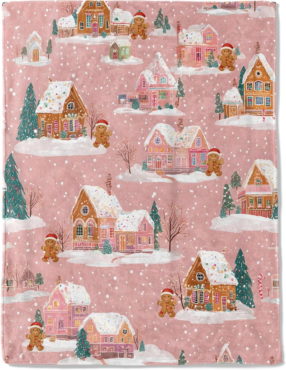 Christmas Decorative Throw Blanket Gingerbread House and Pink Snowy Print Decoration, Soft Flannel Winter Blankets for Couch Bed Sofa, Holiday Home Decor, Xmas Festival Gifts 60x80 Inch