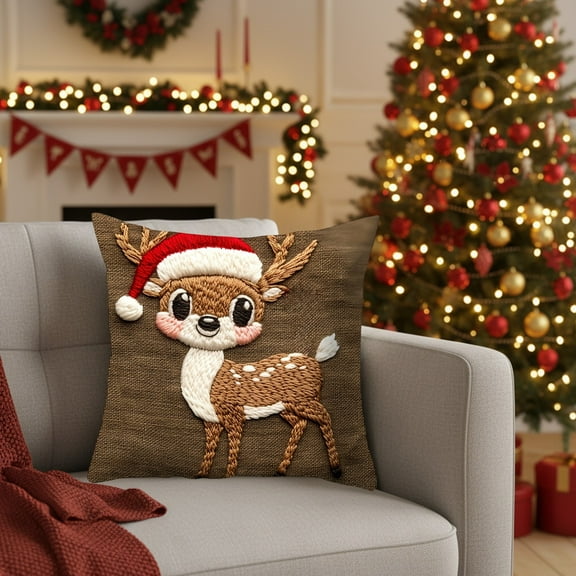 Christmas Decorative Throw Pillow Cover - Holiday Pillow Case with Santa-Reindeer-Tree-Snowman-Snowy House Print, Soft Fabric and Hidden Zipper Sofa Bed Couch Prop