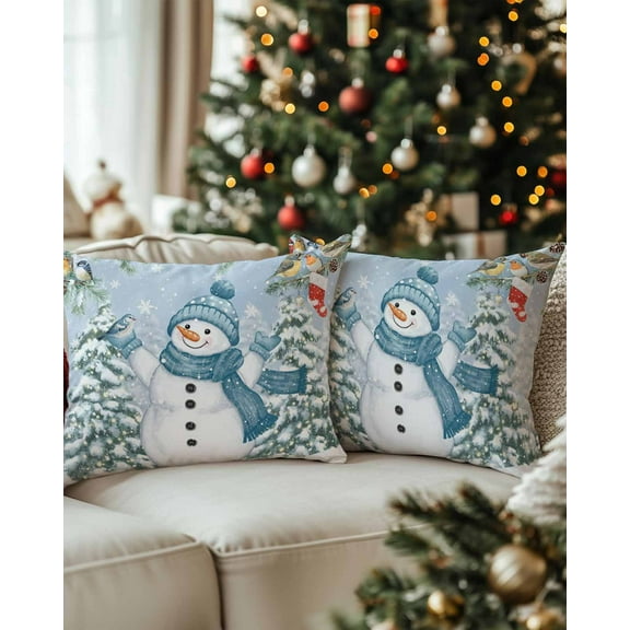 Christmas Decorative Throw Pillow Covers 12x20 Inch Set of 2 Blue Snowman Pillow Cases for Couch, Christmas Tree Bird Snowflake Cushion Case for Living Room Bedroom Bed Car Chair