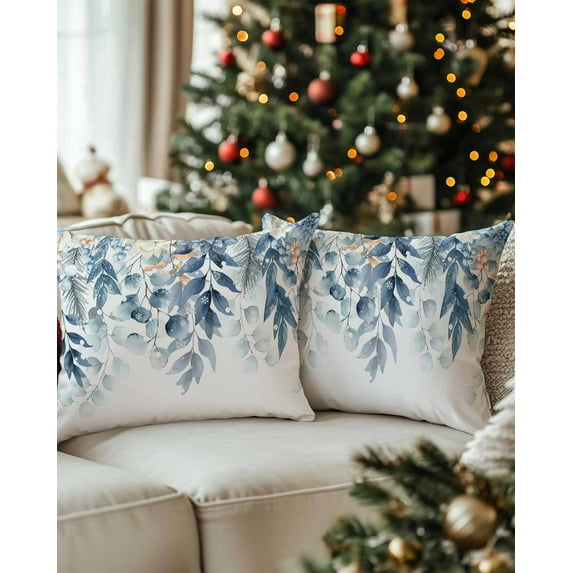 Christmas Decorative Throw Pillow Covers 12x20 Inch Set of 2 Eucalyptus Leaves Pillow Cases for Couch, Poinsettia Christmas Cushion Case for Living Room Bedroom Bed Car Chair
