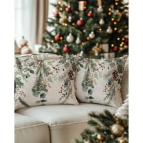 Christmas Decorative Throw Pillow Covers 12x20 Inch Set of 2 Pine Tree Branch Pillow Cases for Couch, Red Berry Green Leaf Cushion Case for Living Room Bedroom Bed Car Chair