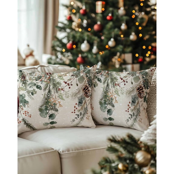 Christmas Decorative Throw Pillow Covers 12x20 Inch Set of 2 Pine Tree Branch Pillow Cases for Couch, Red Berry Green Leaf Cushion Case for Living Room Bedroom Bed Car Chair