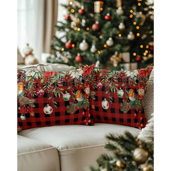 Christmas Decorative Throw Pillow Covers 12x20 Inch Set of 2 Red Poinsettia Pillow Cases for Couch, Christmas Balls Berry Black Plaid Cushion Case for Living Room Bedroom Bed Car Chair