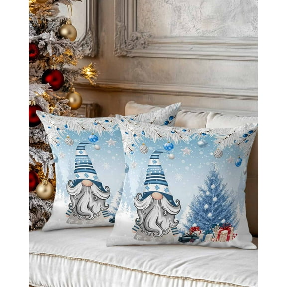 Christmas Decorative Throw Pillow Covers 16x16 Inch Set of 2 Blue Gnome Pillow Cases for Couch, Christmas Balls Tree Cushion Case for Living Room Bedroom Bed Car Chair