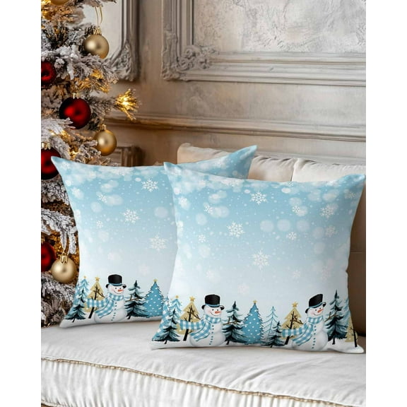 Christmas Decorative Throw Pillow Covers 16x16 Inch Set of 2 Blue Snowman Pillow Cases for Couch, Snowflake Christmas Tree Cushion Case for Living Room Bedroom Bed Car Chair