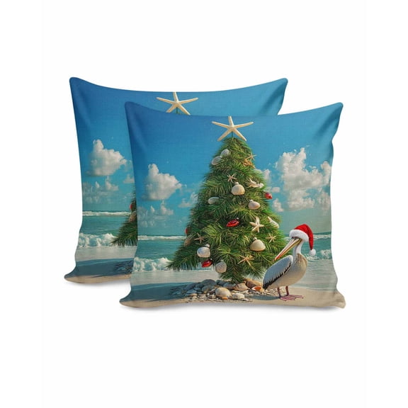 Christmas Decorative Throw Pillow Covers 16x16 Inch Set of 2 Christmas Tree Pillow Cases for Couch, Pelican Starfish Shell Beach Wave Cushion Case for Living Room Bedroom Bed Car Chair