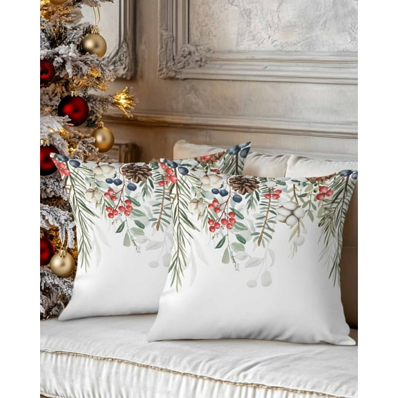 Christmas Decorative Throw Pillow Covers 16x16 Inch Set of 2 Pine Leaves Pillow Cases for Couch, Berry Cotton Cushion Case for Living Room Bedroom Bed Car Chair