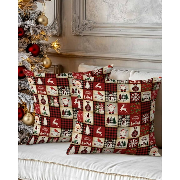 Christmas Decorative Throw Pillow Covers 16x16 Inch Set of 2 Red Plaid Pillow Cases for Couch, Santa Claus Snowman Christmas Tree Cushion Case for Living Room Bedroom Bed Car Chair