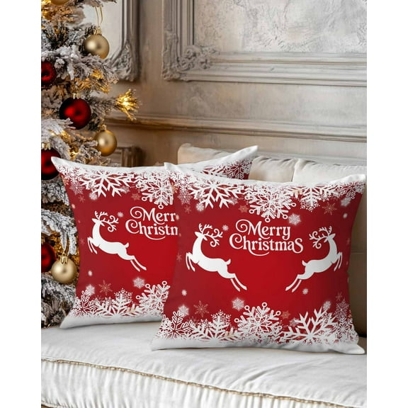 Christmas Decorative Throw Pillow Covers 16x16 Inch Set of 2 Red Snowflake Pillow Cases for Couch, Merry Christmas Reindeer Cushion Case for Living Room Bedroom Bed Car Chair