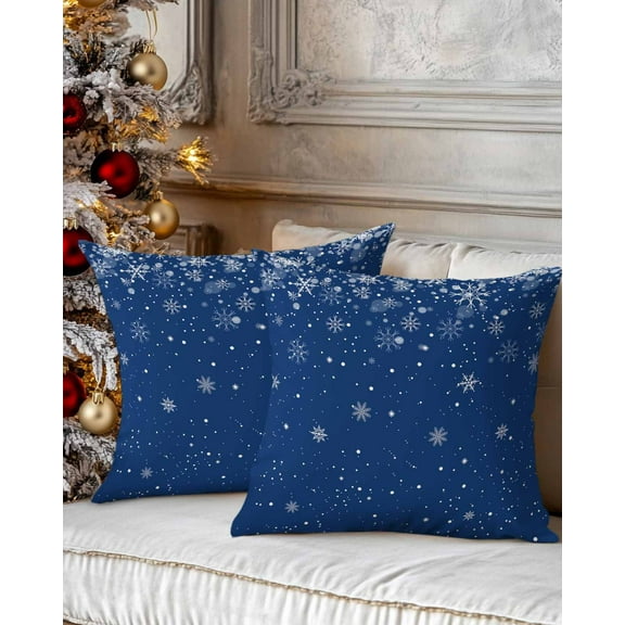Christmas Decorative Throw Pillow Covers 16x16 Inch Set of 2 White Snowflake Pillow Cases for Couch, Blue Cushion Case for Living Room Bedroom Bed Car Chair