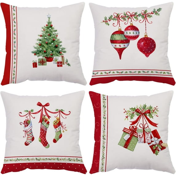 Christmas Decorative Throw Pillow Covers 18x18 Inch Set Of 4 Christmas Holiday Velvet Pillow Cases Xmas Santa Clause Deer Snowman Red White Cushion Covers Outdoor Sofa Home Bed Decor (18x18)