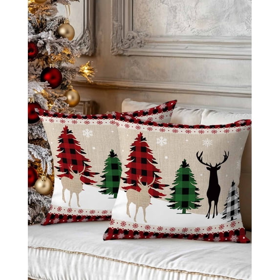 Christmas Decorative Throw Pillow Covers 20x20 Inch Set of 2 Reindeer Xmas Trees Pillow Cases for Couch, Buffalo Plaid Snowflake Snow Cushion Case for Living Room Bedroom Bed Car Chair