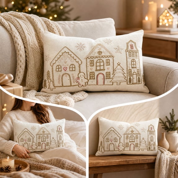 Christmas Decorative Throw Pillow, Embroidered Gingerbread House Cushion with Festive Seasonal Detail, Cozy Decorative Pillow for Sofa/Bed/Living Room/Indoor Christmas Display,