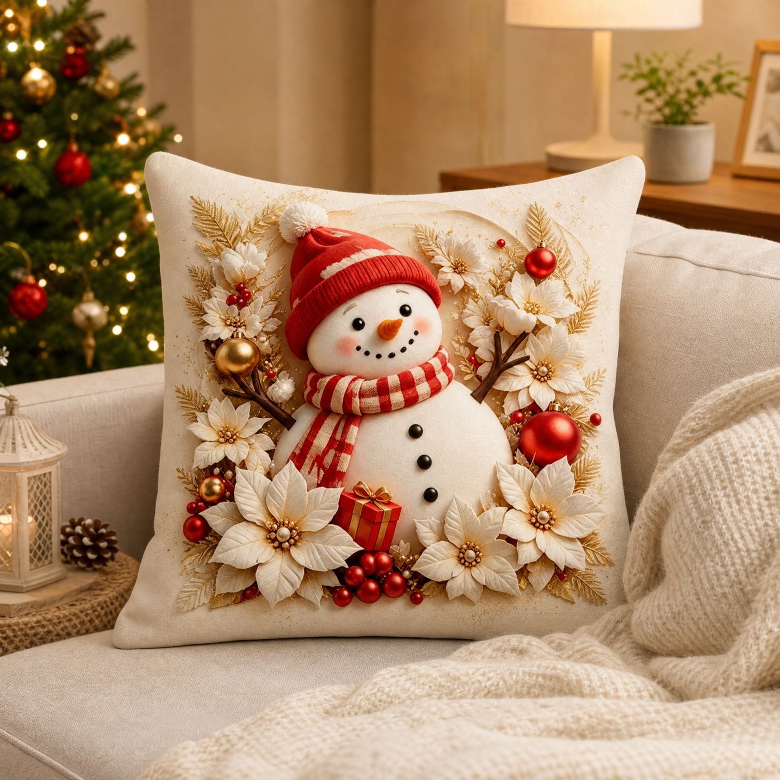 Christmas Decorative Throw Pillow, Holiday Accent Cushion for Sofa Couch Bed Chair and Living Room, Festive Winter Home Decor, Style D