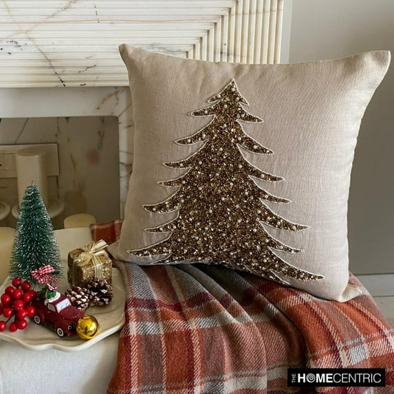 Christmas Decorative Throw Pillow cover, 26"x26" Gold Linen Pillowcase, Modern Christmas Tree Holiday Decorative Pillow Cover For Sofa Couch, Hotels, living Room, Bed Room - Glittering Pine