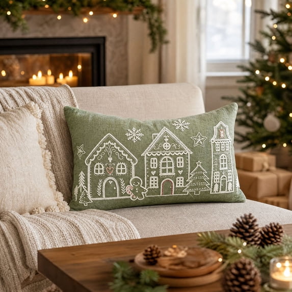 Christmas Decorative Throw Pillow with Gingerbread House Embroidery for Indoor Sofa and Bed