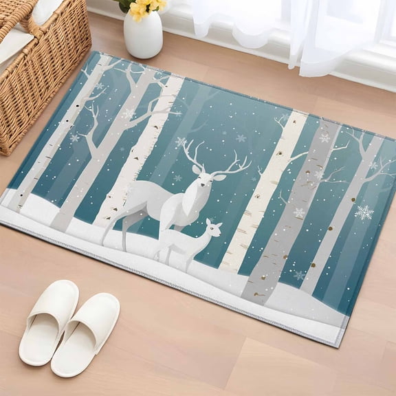 Christmas Deer 2'x3' Rug for Entryway Front Door Kitchen Sink Area, Winter Aqua Ombre Snowing Forest Animals Low Pile Non Slip Rectangle Area Rug, Machine Washable Indoor Outdoor Mat