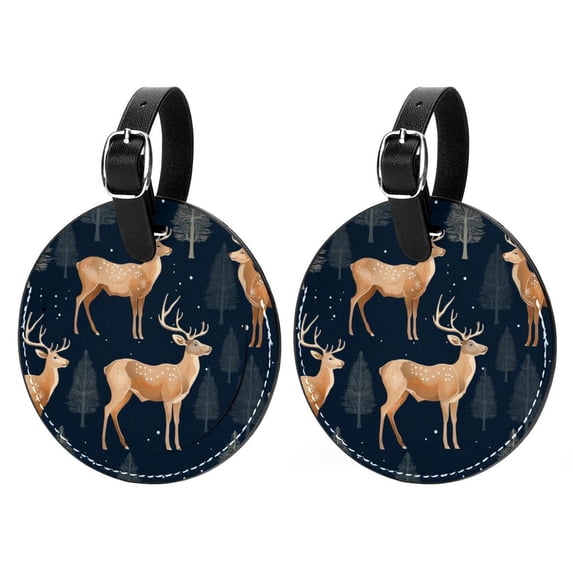 Christmas Deer 2Pcs PU Leather Round Luggage Tags with Privacy Cover and Name ID Tag for Suitcase, Handbags, Backpacks, School Bags