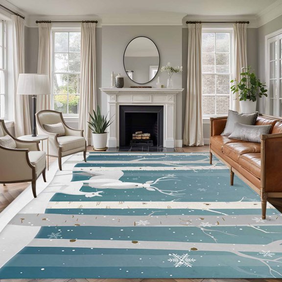Christmas Deer 8'x10' Large Area Rug for Living Room Sectional Sofa, Winter Aqua Ombre Snowing Forest Animals Non Slip Low Pile Rectangle Area Rug, Machine Washable Indoor Outdoor Mat