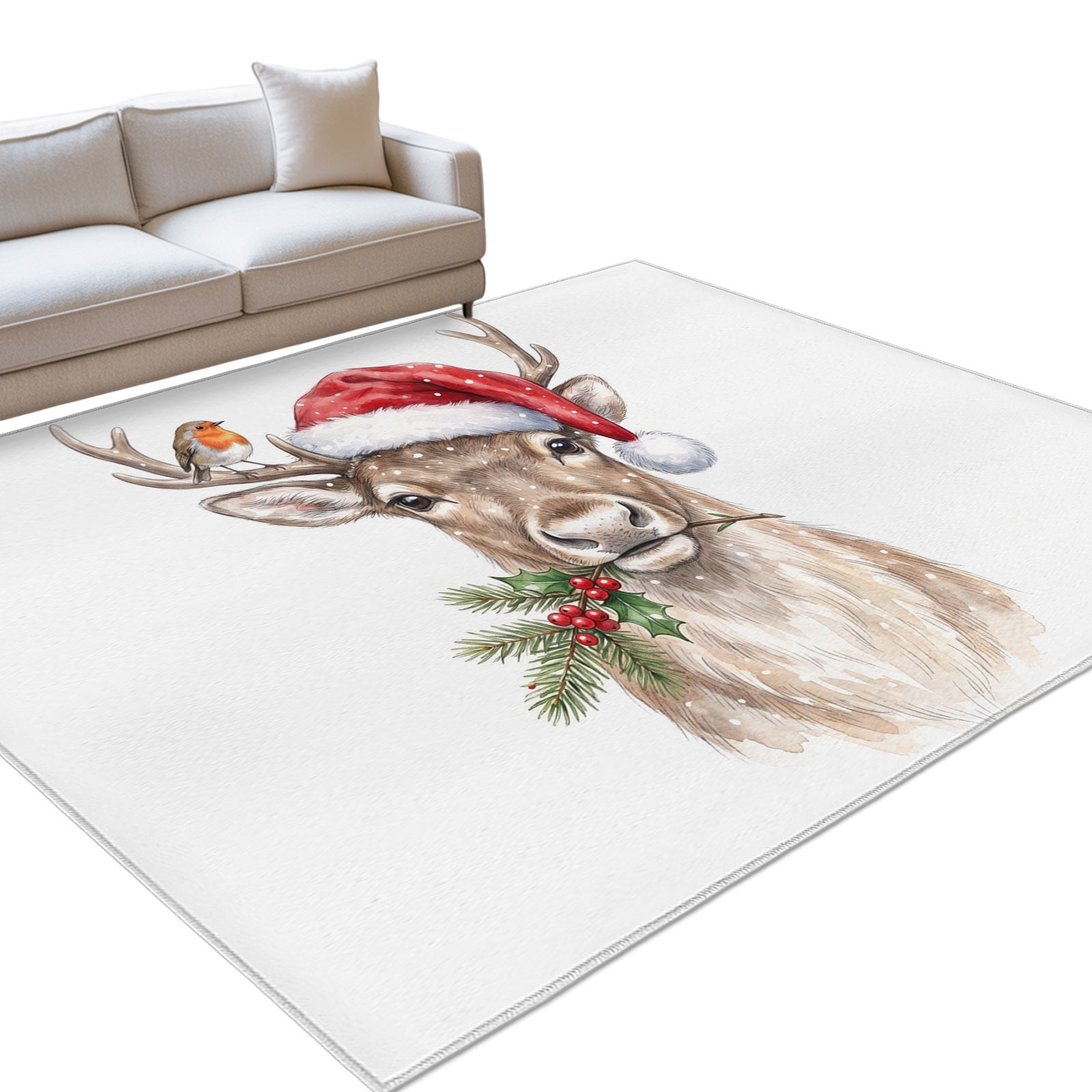 Christmas Deer Area Rug 5'x8', Winter Country Bird Snowflake Red Hat ...