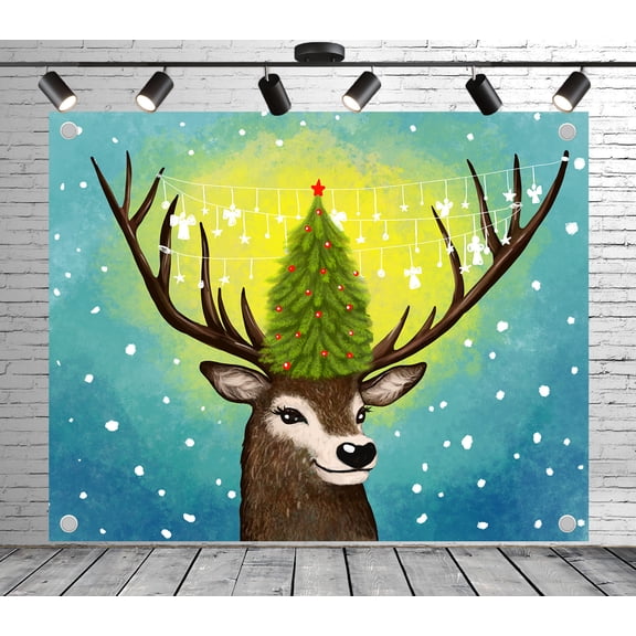 Christmas Deer Art Photo Backdrop | Polyester Fabric Banner Decorative Curtains for Theme Party Christmas Event Photography Booth Studio Props