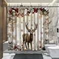 Christmas Deer Bathroom Curtain with Holly Berries and Snowflakes