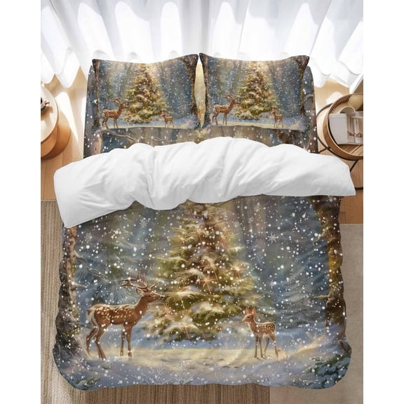 Christmas Deer Bedding Duvet Cover Set Queen Size 4 Pieces Xmas Tree Snowflake Night Forest Snowscape Bedding Set with Zipper Closure, 1 Comforter Cover 90x92 Inches 1 Flat Sheet & 2 Pillow Cases
