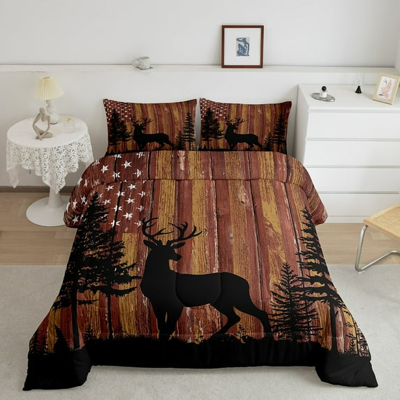 Christmas Deer Bedding Set Retro Lodge Cabin United States Flag Comforter Set Full,Woodland Animals Wildlife Moose Elk Quilt Rustic Reindeer Pine Trees Duvet Insert Farmhouse Decor