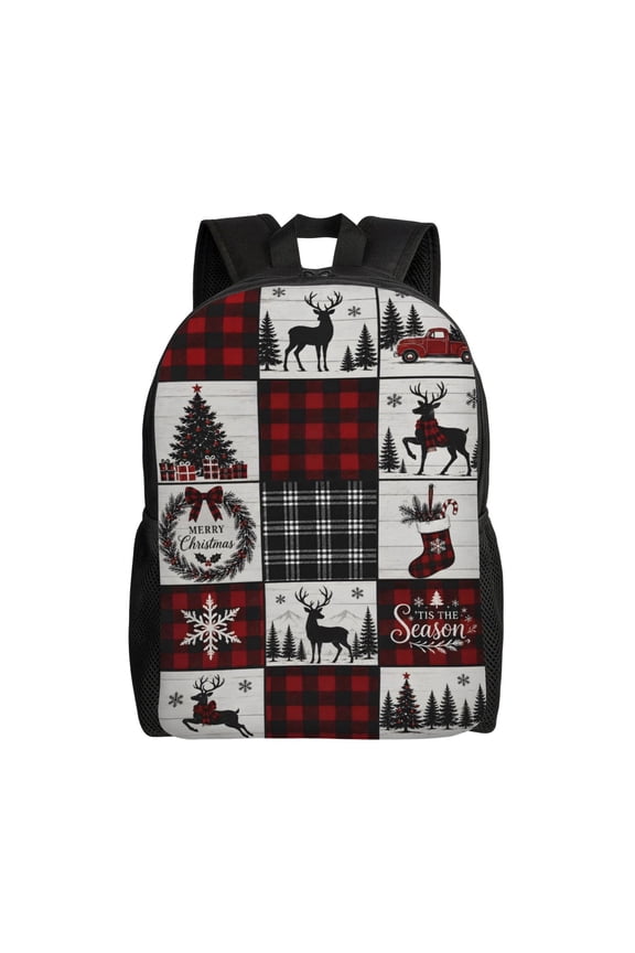 Christmas Deer Buffalo Plaid Backpack Full Front Print Travel Laptop Bag for Men and Women