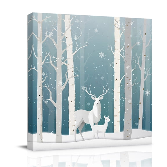Christmas Deer Canvas Wall Art for Living Room, Winter Aqua Ombre Snowing Forest Animals Poster Print Painting for Bedroom Office Home Decoration Wall Pictures Prepare To Hang 8"x8"