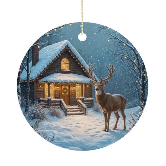 Christmas Deer Ceramic Ornament Christmas Tree Porcelain Ornament Circle Hanging Xmas Decor with Golden Lanyard Gift for Holiday 2.9 in Diameter 1Pcs