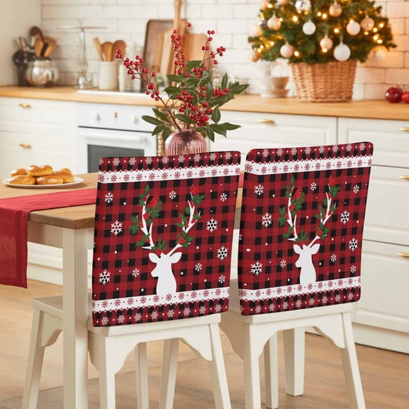 Christmas Deer Chair Covers Set of 8 Snowflake Cardinal Berry Leaf Plaid Snowflake Chair Back Covers Stretch Removable Washable Slipcovers Protector for Dining Room Kitchen Party Decor