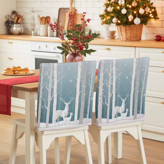 Christmas Deer Chair Covers Set of 8 Winter Aqua Ombre Snowing Forest Animals Chair Back Covers Stretch Removable Washable Slipcovers Protector for Dining Room Kitchen Party Decor