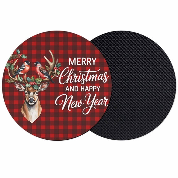 Christmas Deer Coasters Set of 2, Absorbent Coasters for Drinks, Red Black Buffalo Plaid Xmas Winter Bird Berry Coaster for Desk Coffee Table Protection, Home Decor House Warming Gifts 4"