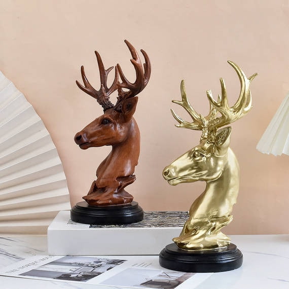 Christmas Deer Decor, Gold Deer Christmas Decor Sculpture with Big Antlers, Golden Home Decor Deer Figurines, Small Deer Statue Handmade Sculpture Ornament Antler/Gold-4