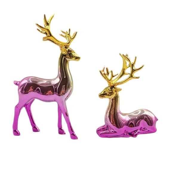 Christmas Deer Decor Resin Figurines, 2-Piece Purple Gold Tabletop Reindeer Set for Mantel and Shelf Displays