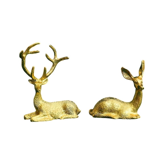 Christmas Deer Decoration Ornaments Decorative Brass Deer Figurines 2PCS Handcrafted Animal Sculptures for Tabletop Shelf Home Office Display