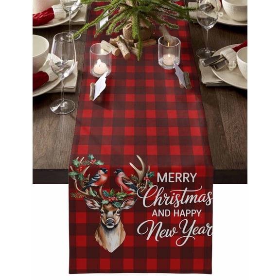 Christmas Deer Dresser Scarf Farmhouse, Dining Table Decorations for Wedding/Parties, Red Black Buffalo Plaid Xmas Winter Bird Berry Table Runner 36 Inches Long for Kitchen Dining, 13 x 36 In
