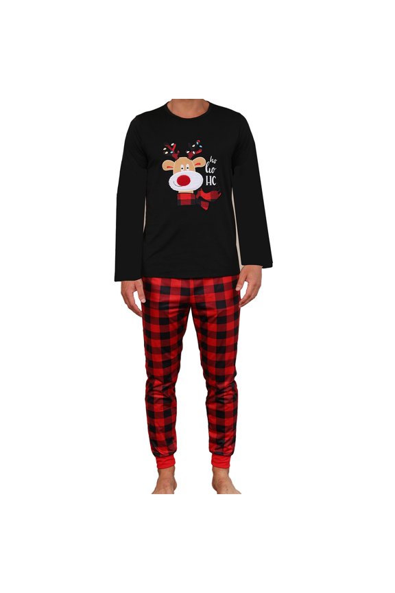 Christmas Deer Embroidery Pattern Pajamas Cozy Christmas Home Wear Loungewear Comfy Grid Print Pants Sleepwear Black Men S