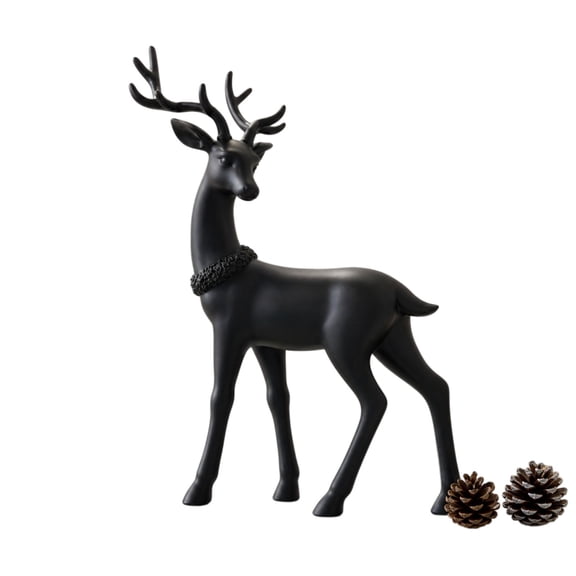 Christmas Deer Figurine Tabletop Decor, Matte Reindeer Statue with Wreath Collar, Elegant Plastic Deer Ornament for Mantel, Living Room, Office & Bedroom, Black