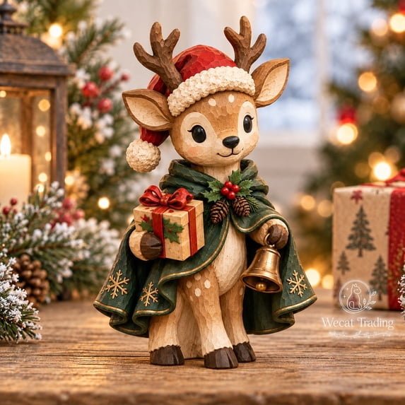Christmas Deer Figurine, Woodland Holiday Tabletop Accent for Rustic ...