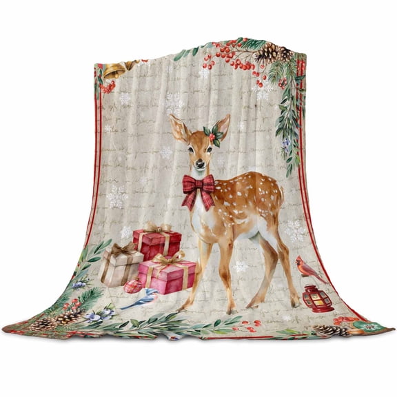 Christmas Deer Flannel Blanket for Bed,Travel and Camping, Xmas Gift Bells Pine Cone Vintage Letter Super Soft Cozy Blanket for All Seasons 30"x40"