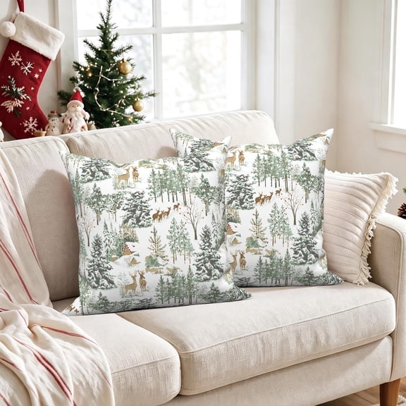 Christmas Deer Forest Pillow Covers 18x18 Set of 2 Double-Sided Winter Woodland Holiday Decorative Pillow Cases for Couch Sofa