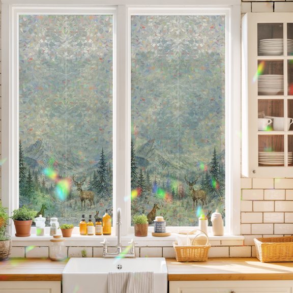 Christmas Deer Fox Bunny Window Privacy Film,Decorative Windows Static Cling Winter Forest Snow Mountains Heat Control Removable Glass Sticker for Home Bathroom Bedroom Window Door,17.7x39.3in