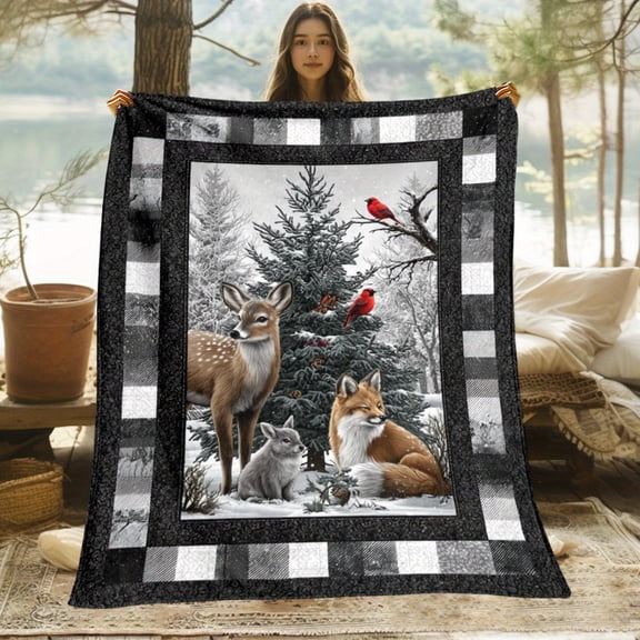 Christmas Deer Fox Trees Blanket - Flannel Throw with Winter Forest Scene, Deer & Red Cardinals - All-Season Cozy Blanket for Bed, Couch, Office, Kitchen