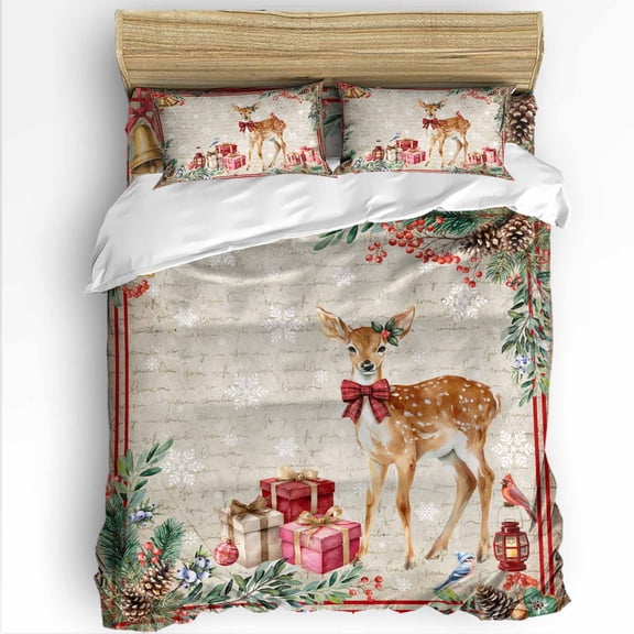 Christmas Deer Full Size Comforter Set, Xmas Gift Bells Pine Cone Vintage Letter Soft Bedding for All Seasons, 4 Pcs Bed Set with 1Comforter (86"x86") ,1 Sheet(80"x116"), 2 Pillowcases (19"x29")
