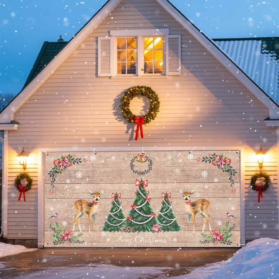 Christmas Deer Garage Door Banner Covers, Tree Flowers Snowflake Winter Wood Texture Large Hanging Indoor/Outdoor Backdrop Background for Christmas Winter Party Decor, 6x13 FT