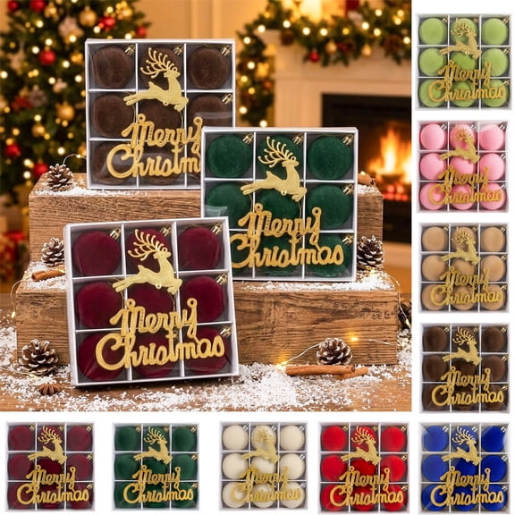 Christmas Deer Gift Box Contains 9 Pcs 6cm Flocked Embroidered Balls, Exquisite Festive Pendant Set, Elegant Tree Ornament Kit for Xmas Home Layout and Holiday Gift Preparation